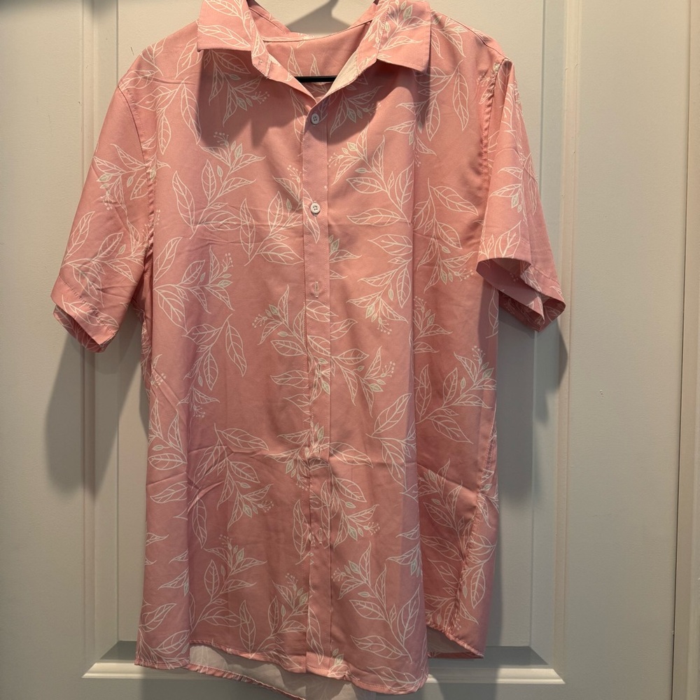Casual Pink Leaf Print Button-Down Shirt - Unbranded